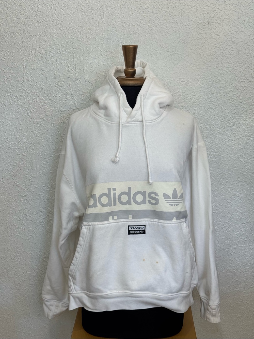 adidas White Crewneck Hoodie with Subtle Silver Trefoil